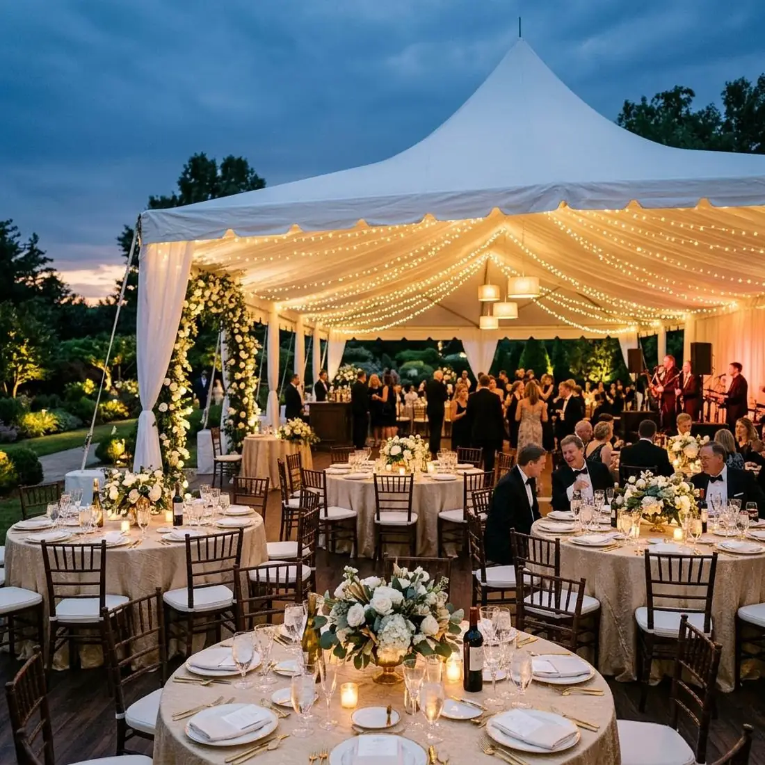 Event tables set with linens and centerpieces