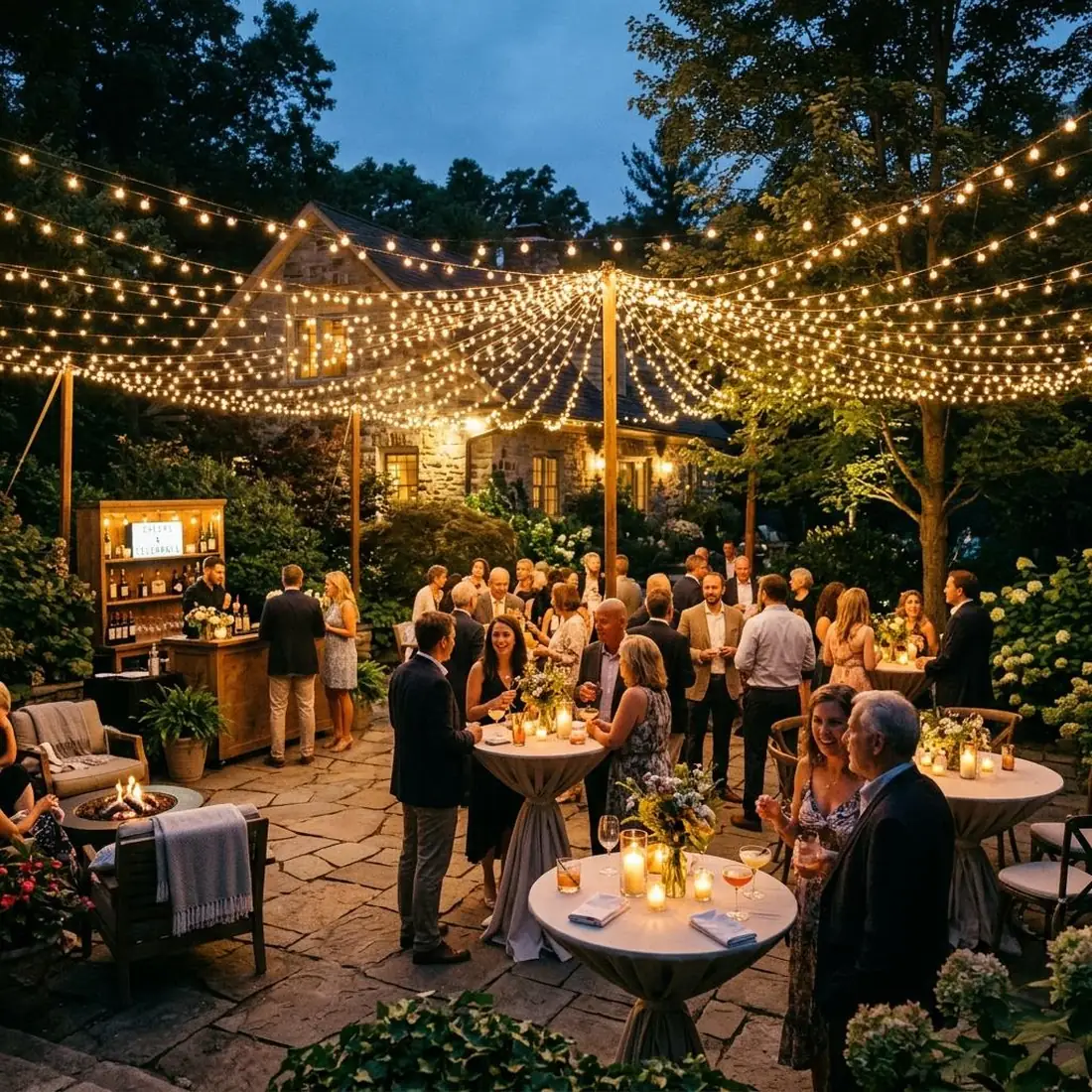 Evening cocktail reception with guests networking