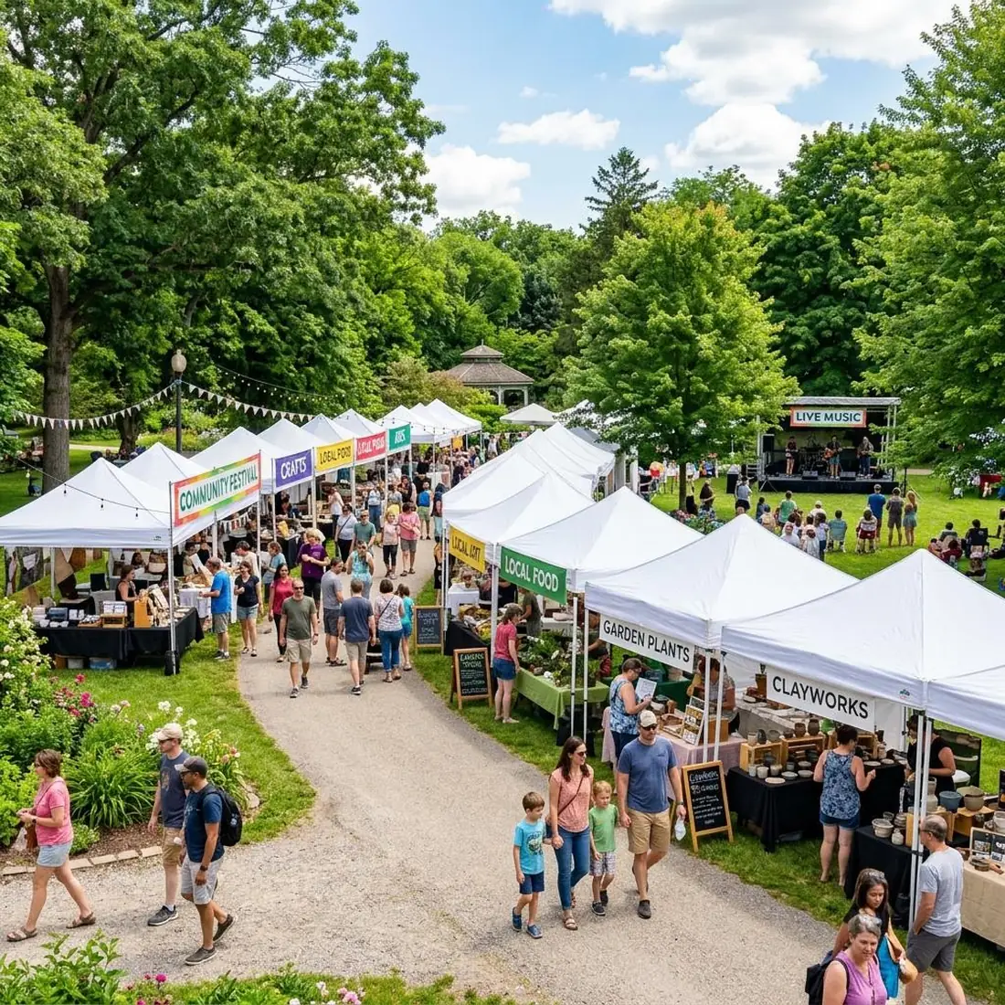 Outdoor community festival with vendor tents