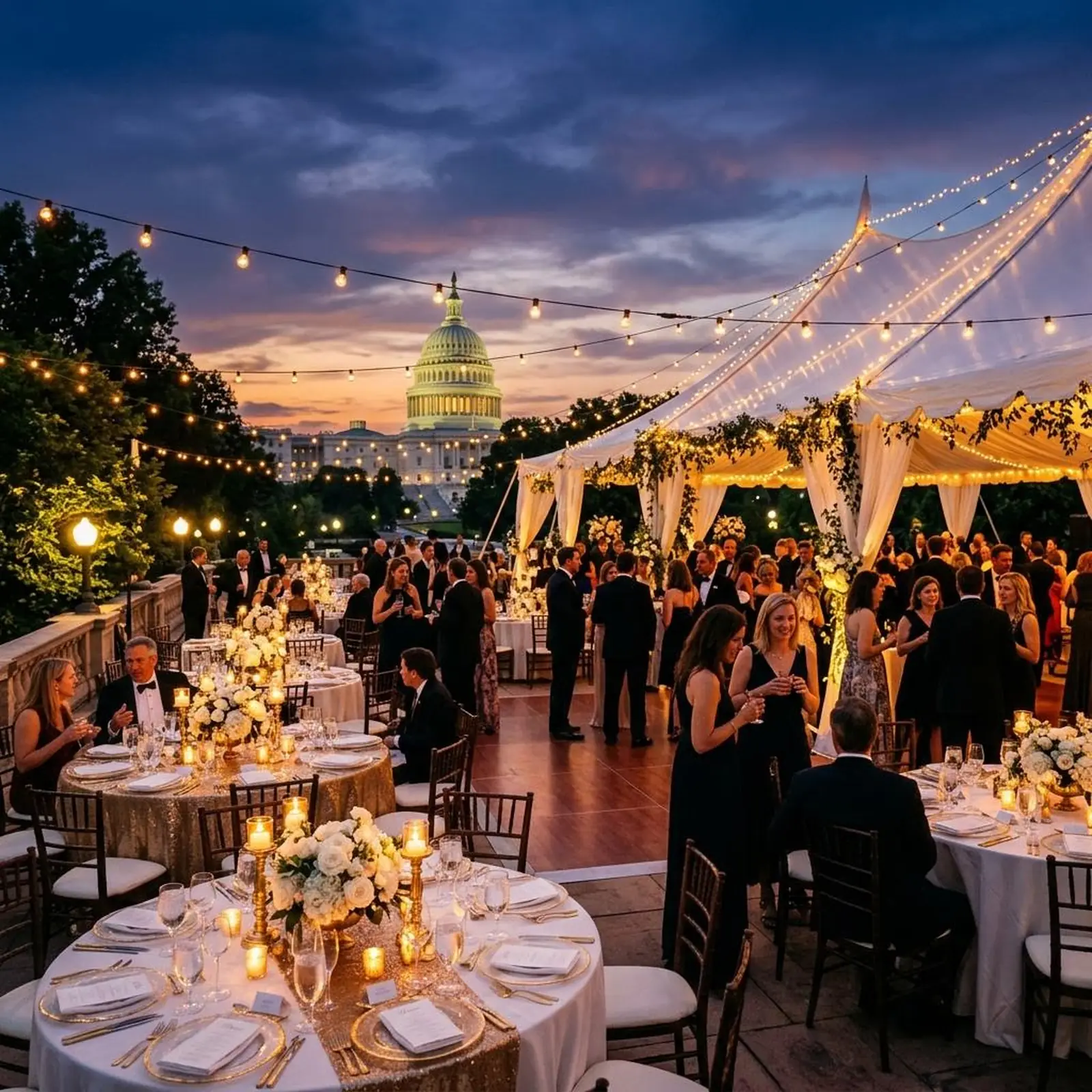 Elegant outdoor event setup at dusk under a lit tent